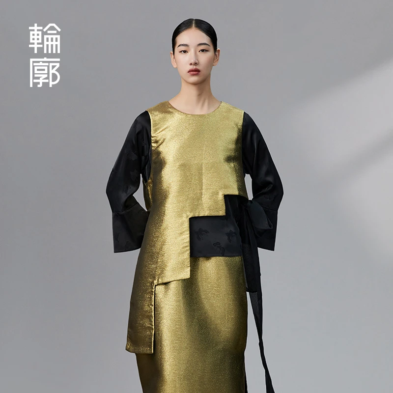 轮廓栾华金不对称马甲L233Y012撞色飘片拼接小众高端女王范儿马夹
