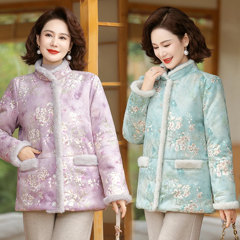 新款妈妈加绒加厚棉衣中年女装秋冬装过年衣服棉袄中老年棉服外套