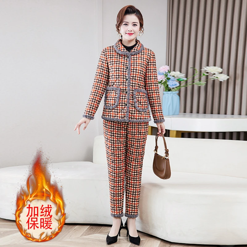 2023新款妈妈套装秋冬加绒棉衣洋气中老年冬装加厚棉衣长裤两件套