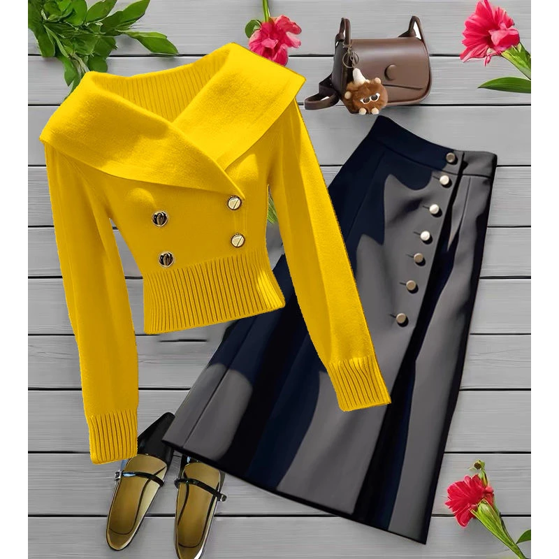 小香风白色大翻领针织衫女款秋冬2024小个子时尚洋气收腰显瘦毛衣