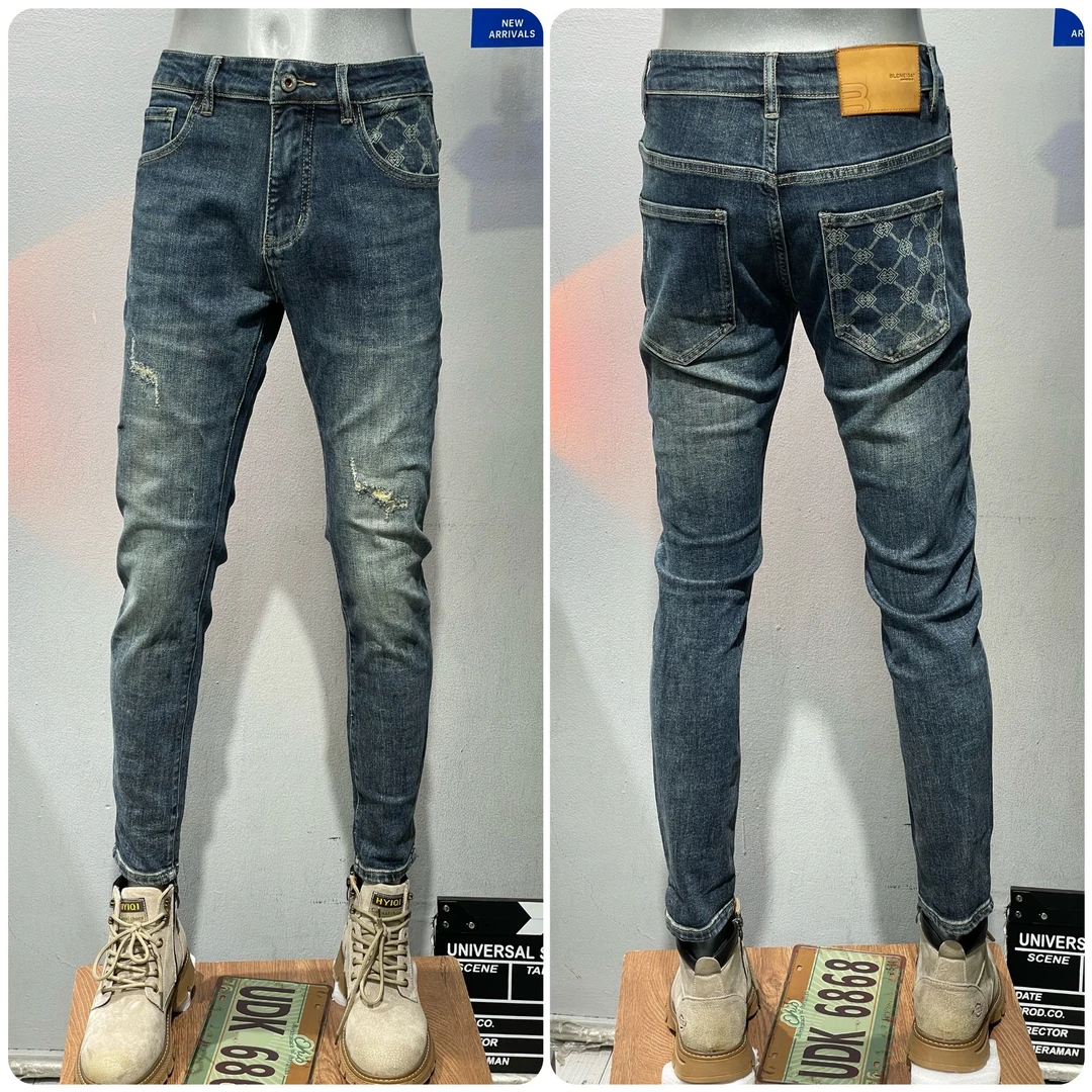 复古怀旧蓝色破洞牛仔裤男款修身小脚春秋新款弹力韩版潮款长裤子