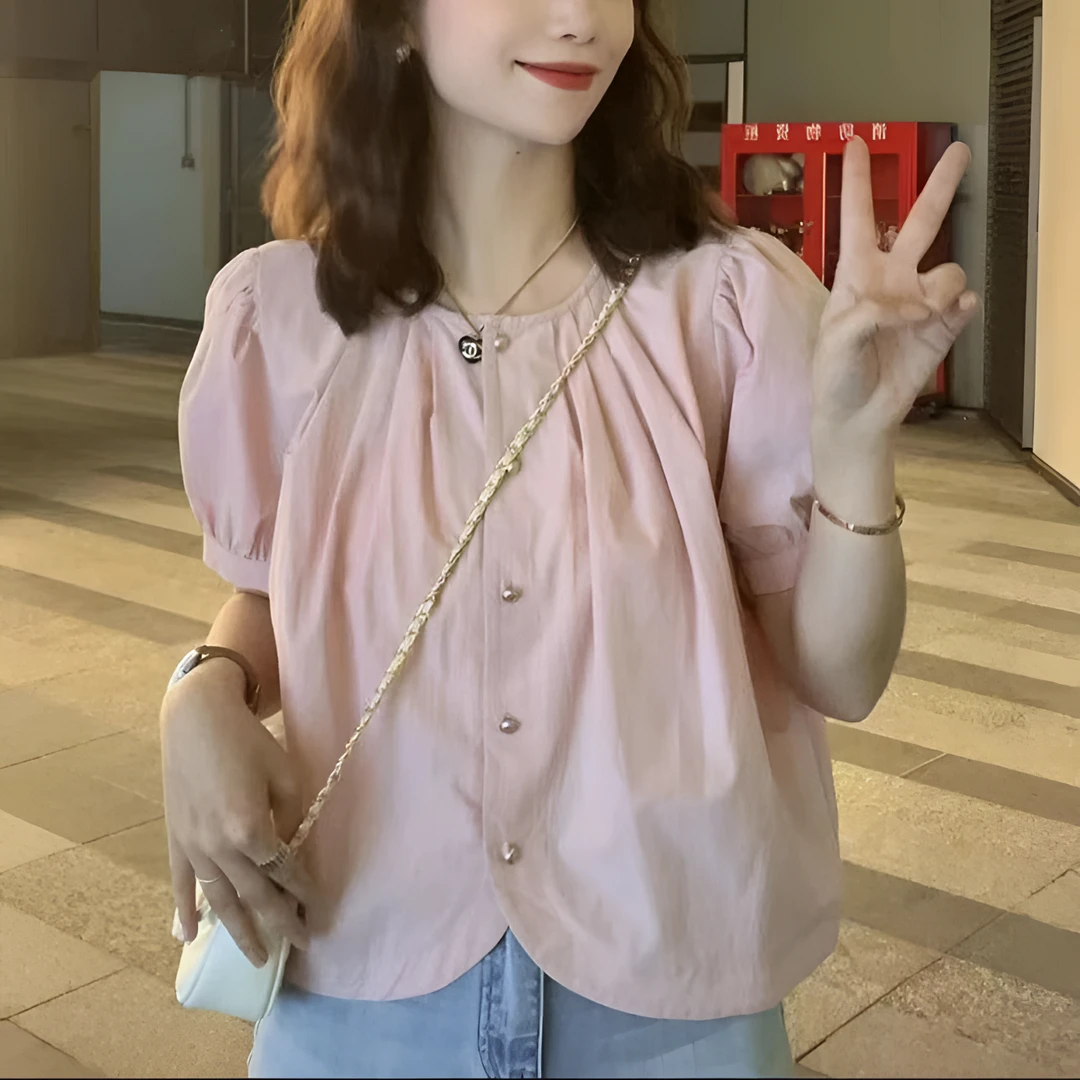 2024夏季新款法式甜美泡泡女设计感不规则衬衫