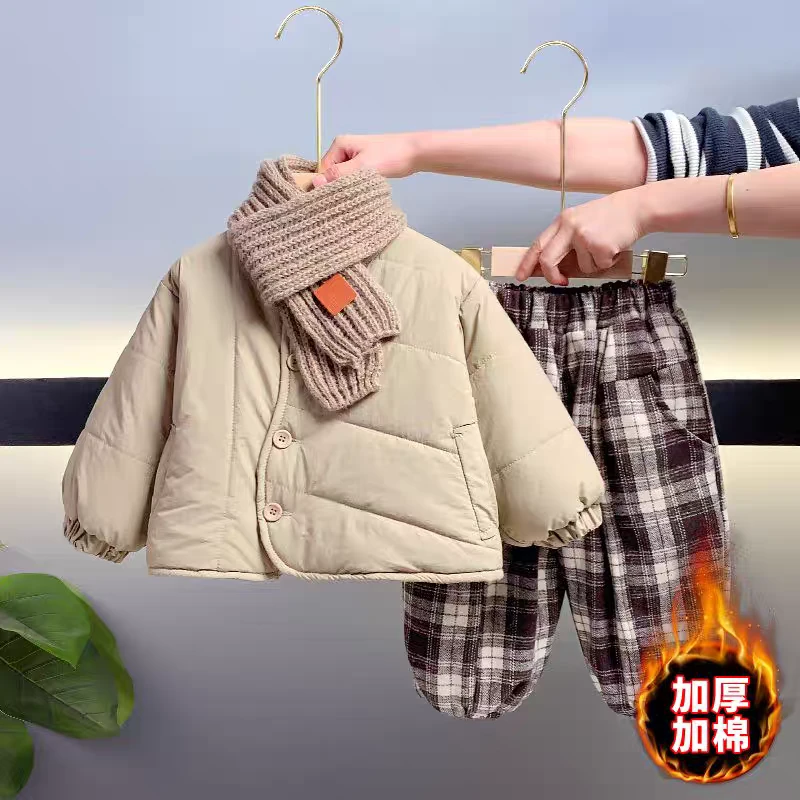 男女童装冬季加绒加厚套装童酷帅韩版棉服二件套宝宝时髦冬装衣服