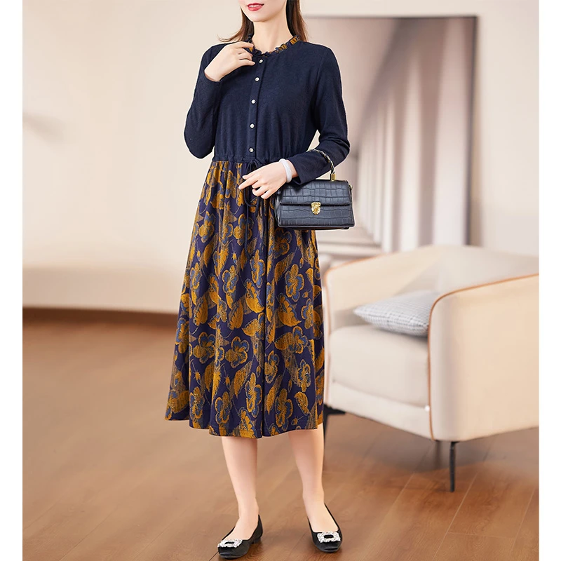 迪欧芙2023秋冬新款洋气外出裙子气质优雅拼接连衣裙女#QLQ15571