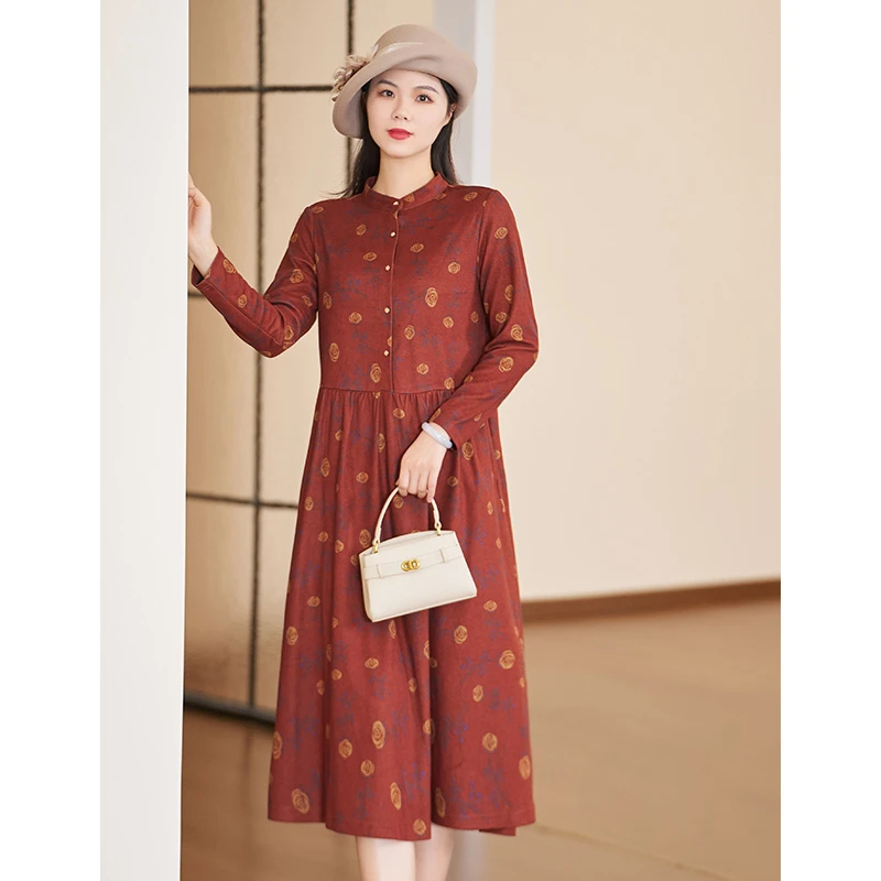 迪欧芙2023冬季新款外出洋气显瘦长裙时尚玫瑰花连衣裙#DLQ15762