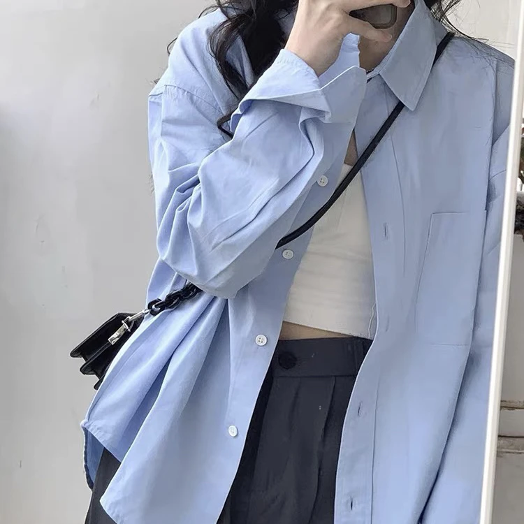 春季新款韩版宽松休闲小众长袖上衣蓝色条纹百搭气质时尚白色衬衫