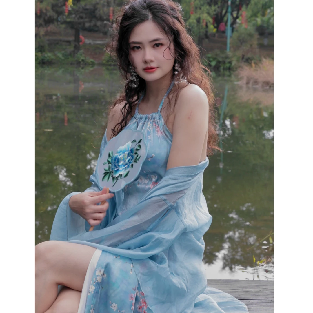 泽蓓花 春夏季复古【蓝素香】新中式国风带胸棉挂脖上衣+一片裙套装