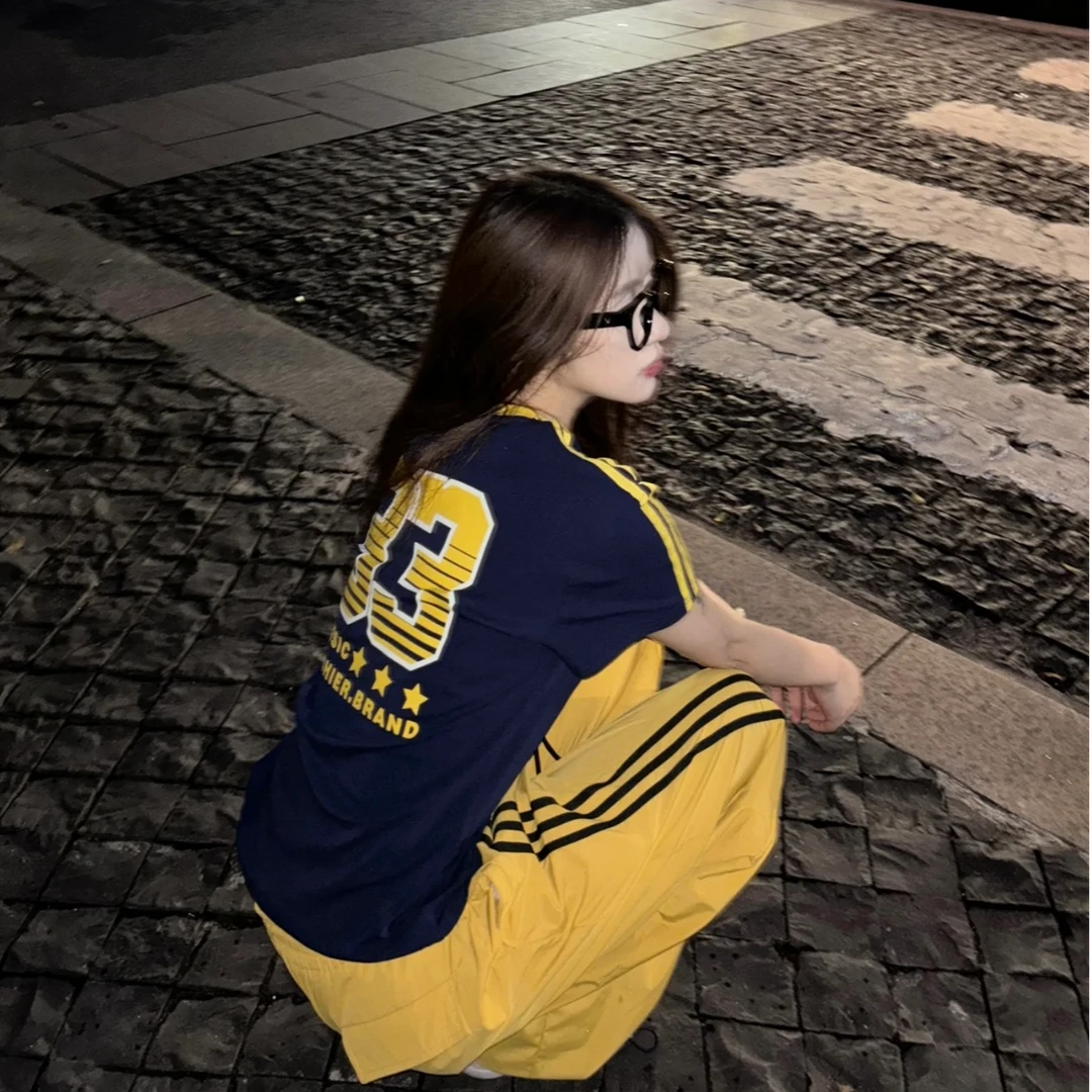 ABOstreet国潮美式数字印花正肩短袖t恤女复古圆领休闲辣妹上衣
