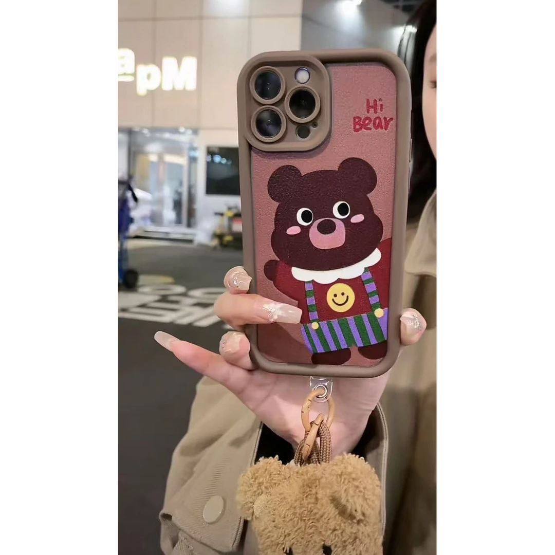简约打招呼小熊手机壳+短绳天眼浮雕全包手机壳高级感-C
