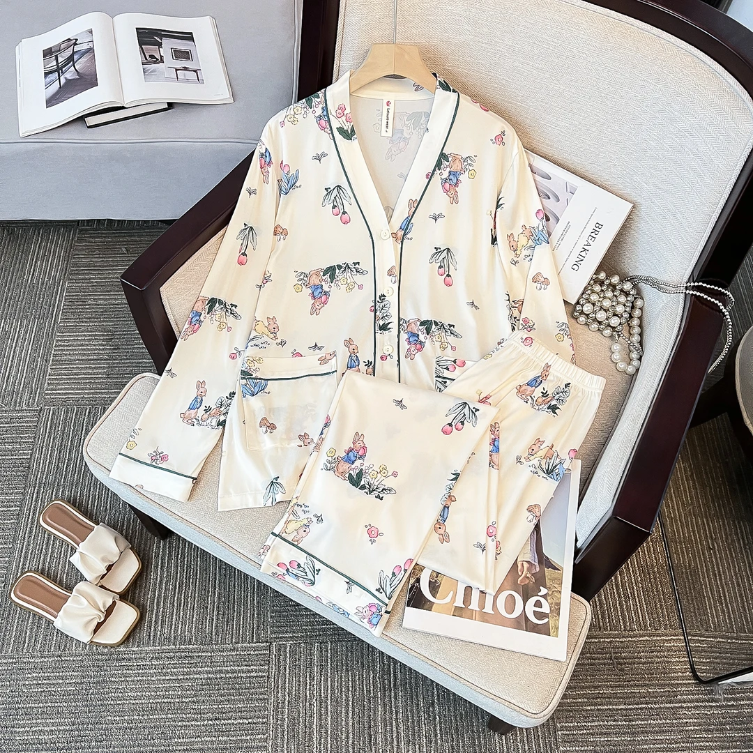 2025初秋款亲肤柔软翻领可外穿睡衣女长袖长裤家居服套装58716