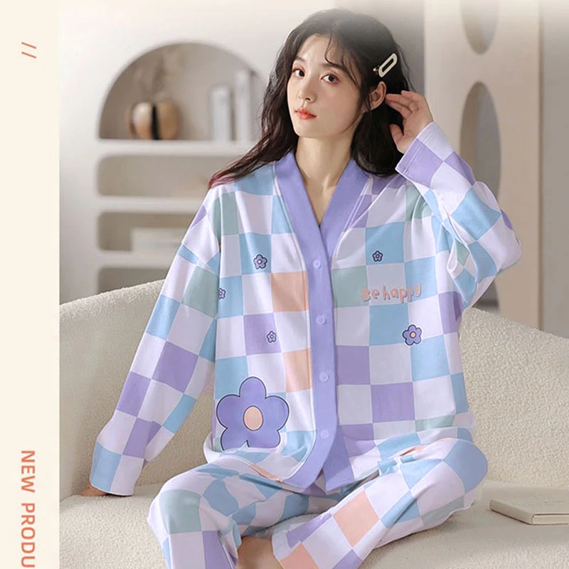“彩色方格睡衣”2025春夏秋柔软舒适长袖长裤透气家居服套装58206