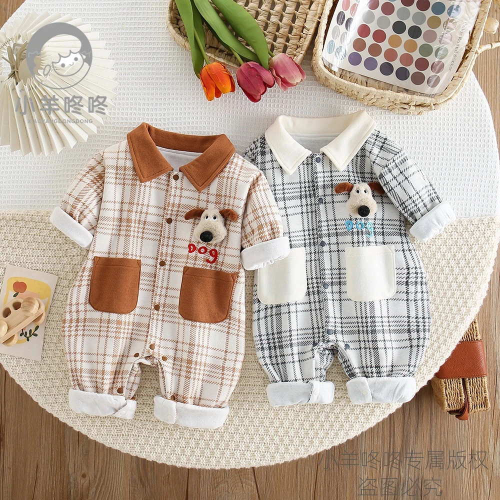 春秋季新款双层男女宝宝婴幼儿经典条纹双兜Q萌狗翻领连体哈衣