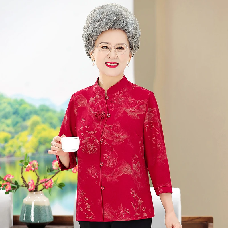 衬衫女装春秋妈妈装长袖中老年中式中国风衬衣夏季中年老人老年人