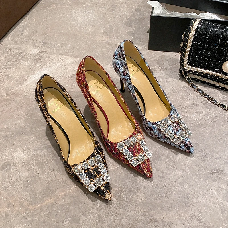 2025春秋新款小个子小香风性感尖头水钻方扣细跟甜美名媛高跟鞋女