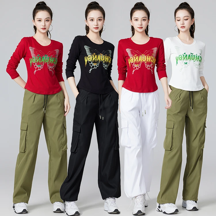 广场舞服装女秋季新款时尚印花上衣长袖健身跑步运动服直筒工装裤