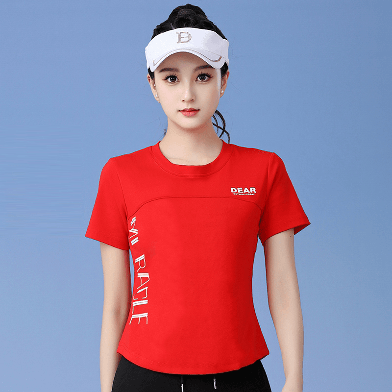 夏季新款广场舞服装休闲圆领半袖上衣舞蹈服运动健身体操百搭短袖