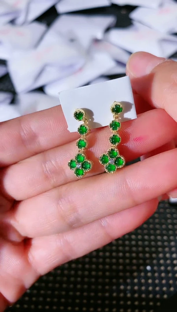 【闪购商品】翡翠耳饰银S925镀金镶嵌384