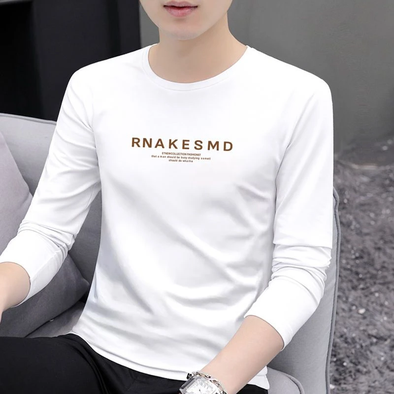 春秋装上衣薄款圆领潮流男士长袖T恤百搭印花纯棉小衫成熟秋衣服
