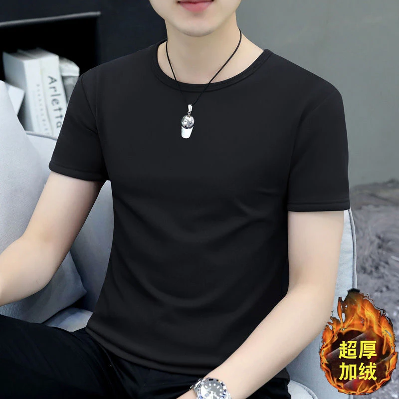 秋冬新款保暖短袖t恤男加绒加厚打底衫带绒内搭体恤防寒上衣半袖