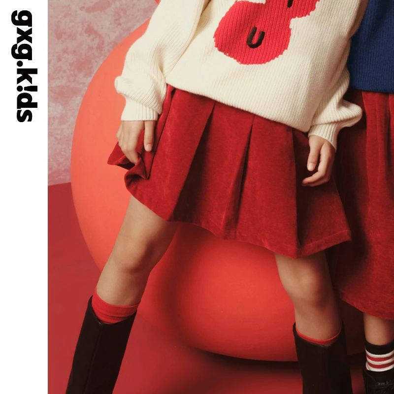 gxgkids25春半裙儿童女童红色毛呢洋气针织中大童