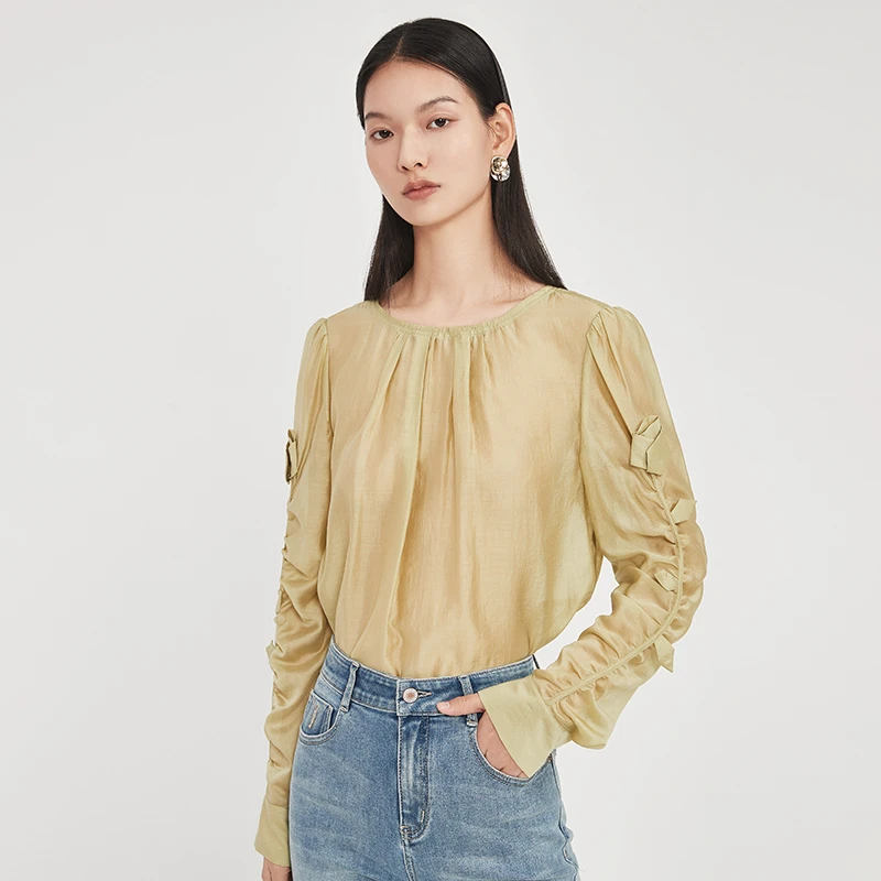 【商场同款】2024春季新款高级衬衫女设计感小众气质圆领衬衣