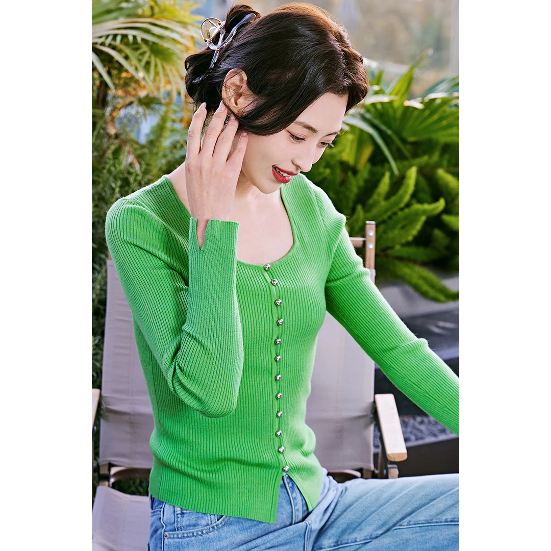 【商场同款】修身针织衫女2023新款秋冬薄款低圆领打底衫内搭