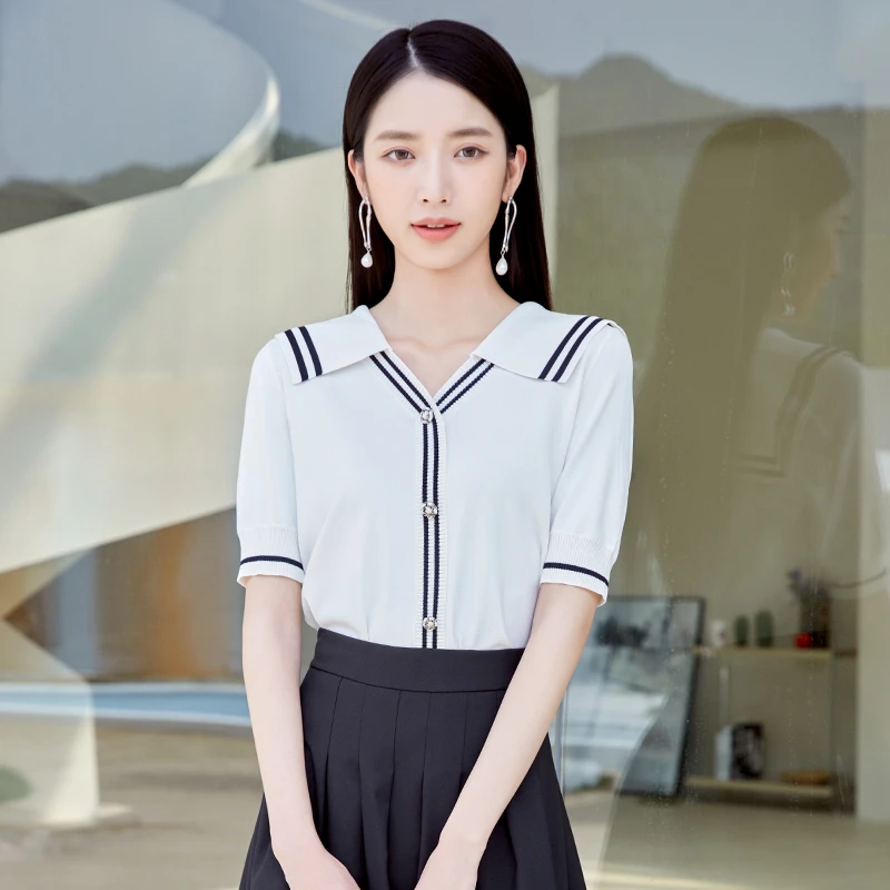 【达人专属】2024新款气质翻领薄款短袖针织衫女夏季外套上衣