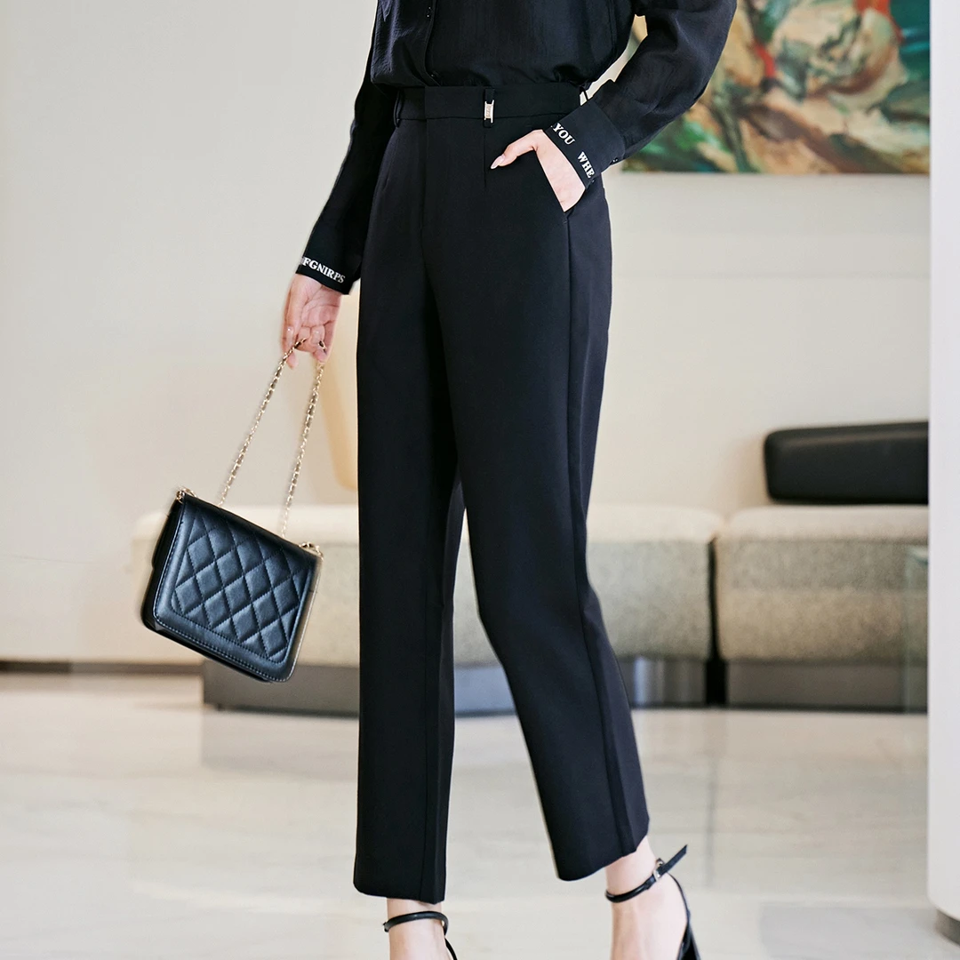新款裤子女秋冬黑色高腰直筒裤大码职业西装裤休闲长裤