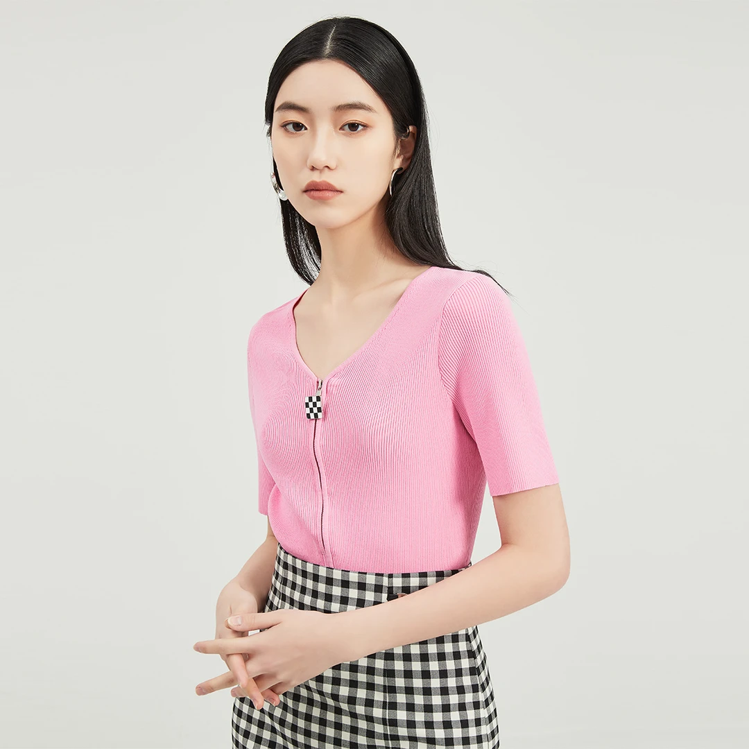 【达人专属】新款v领气质黑色薄款短袖针织衫开衫女上衣外套I363119