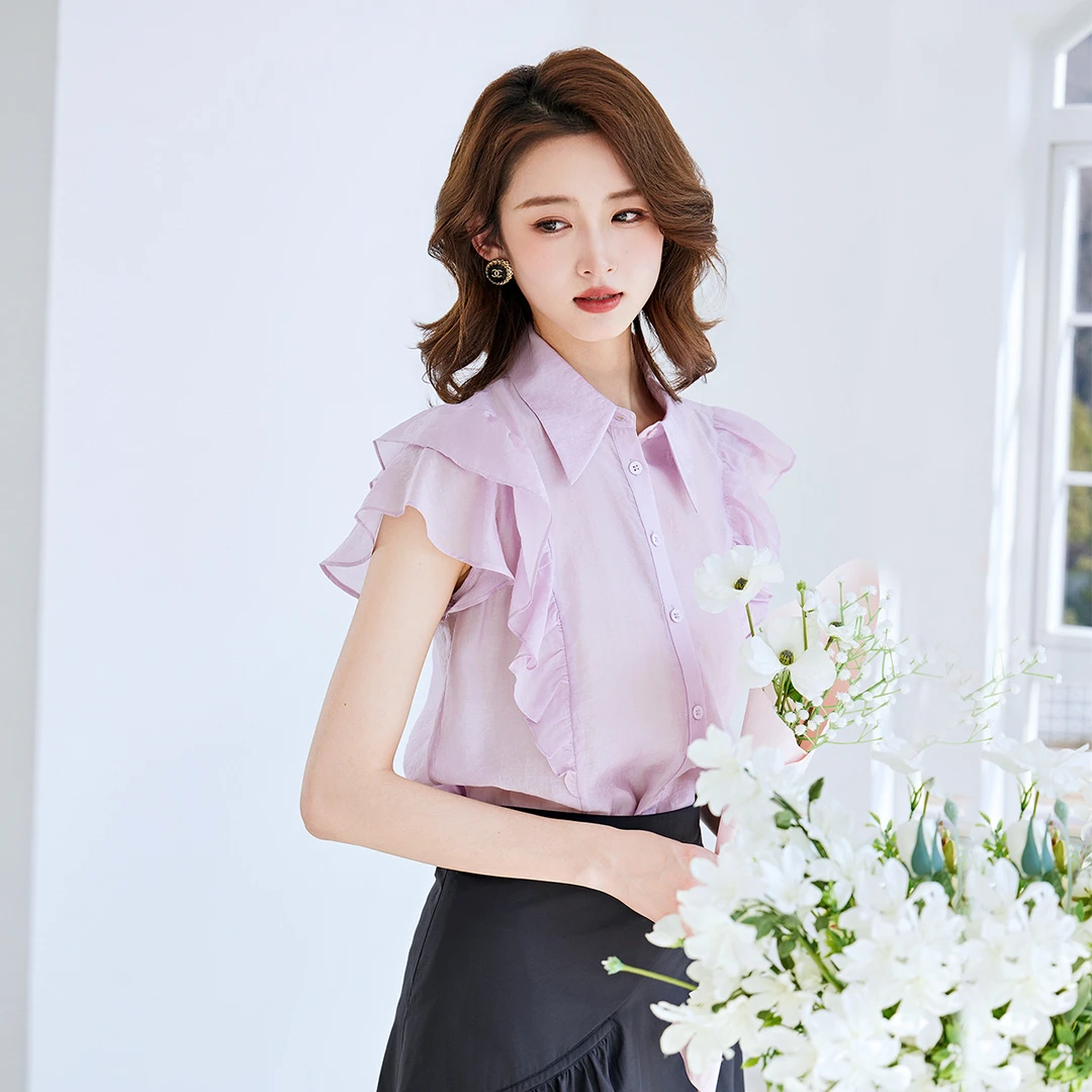 【达人专属】新款荷叶边短袖露肩薄款翻领雪纺衬衣上衣女衬衫