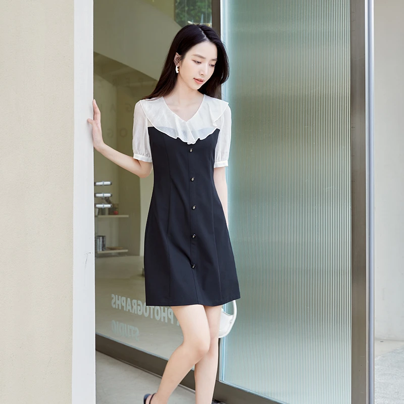 新款黑白拼色设计感花边领口短袖女士连衣裙夏季女裙I281797