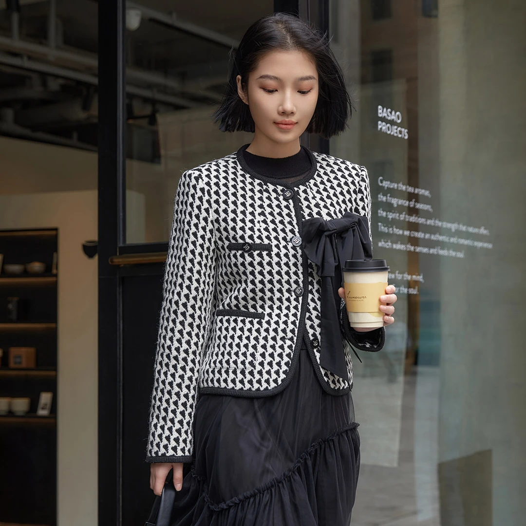 商场同款蝴蝶结小香风短款外套女新款黑白格子上衣Z711805