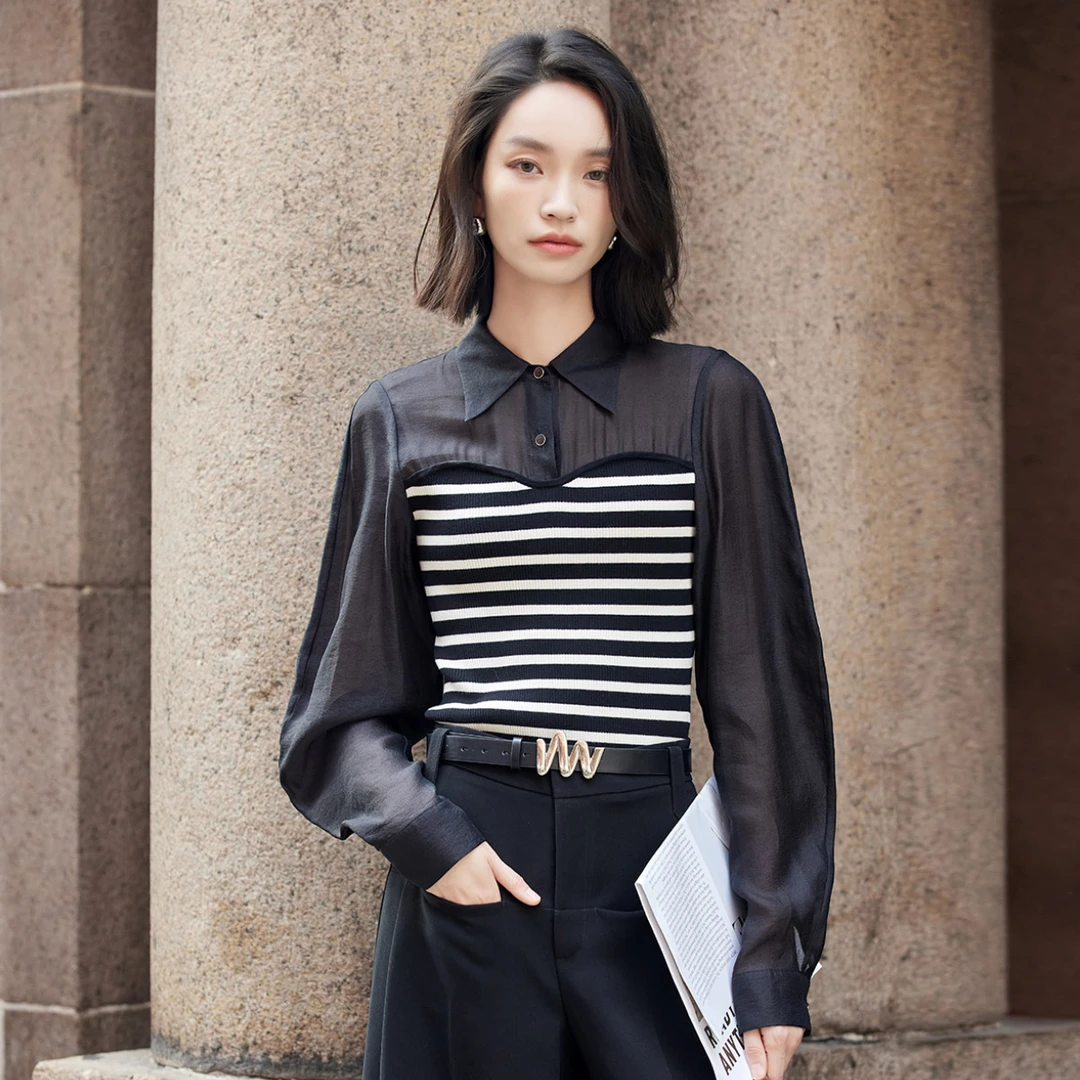 【达人专属】2024新款拼接针织衫微透纯欲女黑白假两件薄上衣