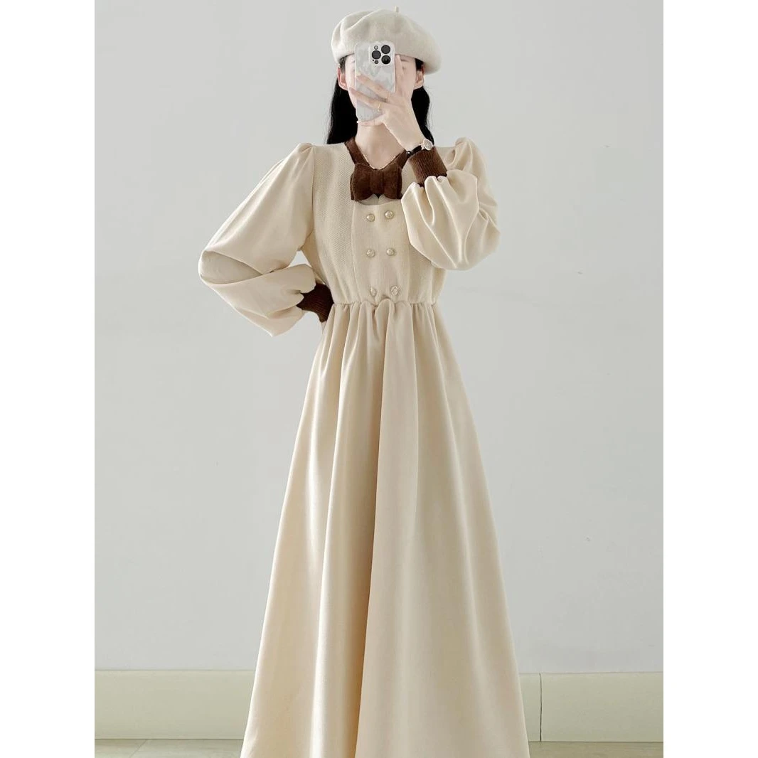 裙子秋冬新款小香风双排扣法式长袖连衣裙女过膝感减龄小个子长裙