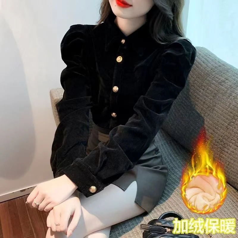 恤女加绒加厚2023年欧货洋气小衫秋冬爆款打底衫金丝绒上衣