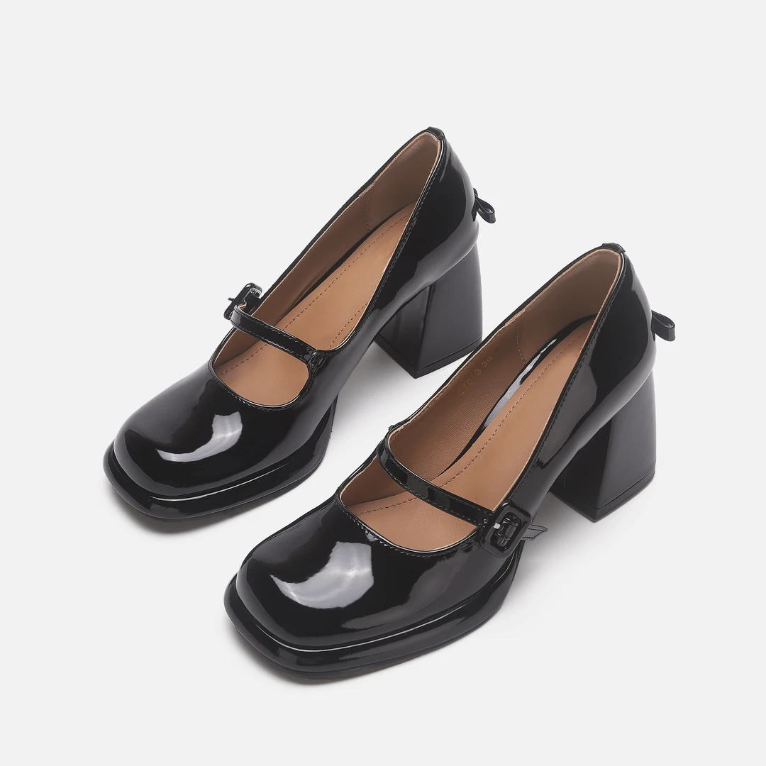 法式一字带高跟鞋女气质复古粗跟玛丽珍鞋JK制服皮鞋粗跟黑色单鞋