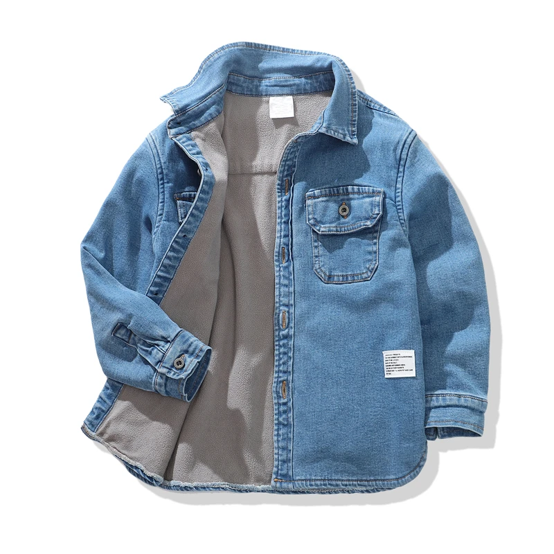 长袖休闲宽松中大童帅气牛仔加绒衬衫翻领秋季儿童宝宝韩版