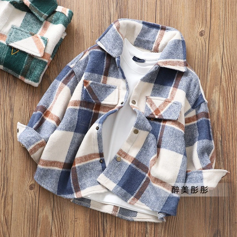 男童秋冬新款磨毛呢格子衬衫~儿童中大童加厚衬衫外贸高品质童装