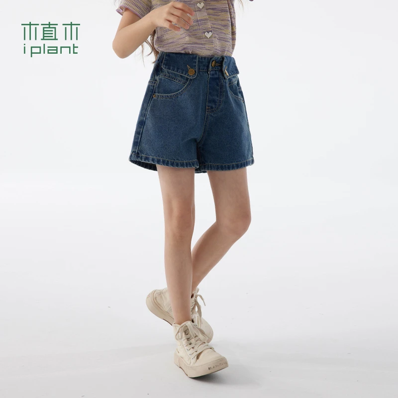 植木童装高腰翻边A字阔腿牛仔女童短裤弹力中大童2024夏装新儿童