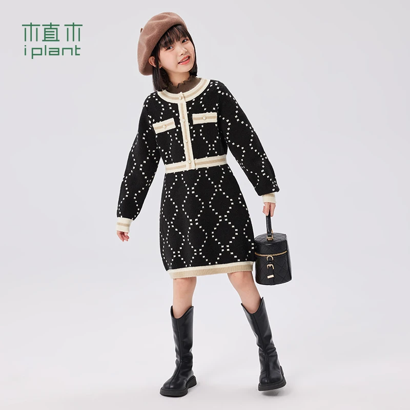 植木童装菱形格小香风女童连衣裙2023冬装新儿童