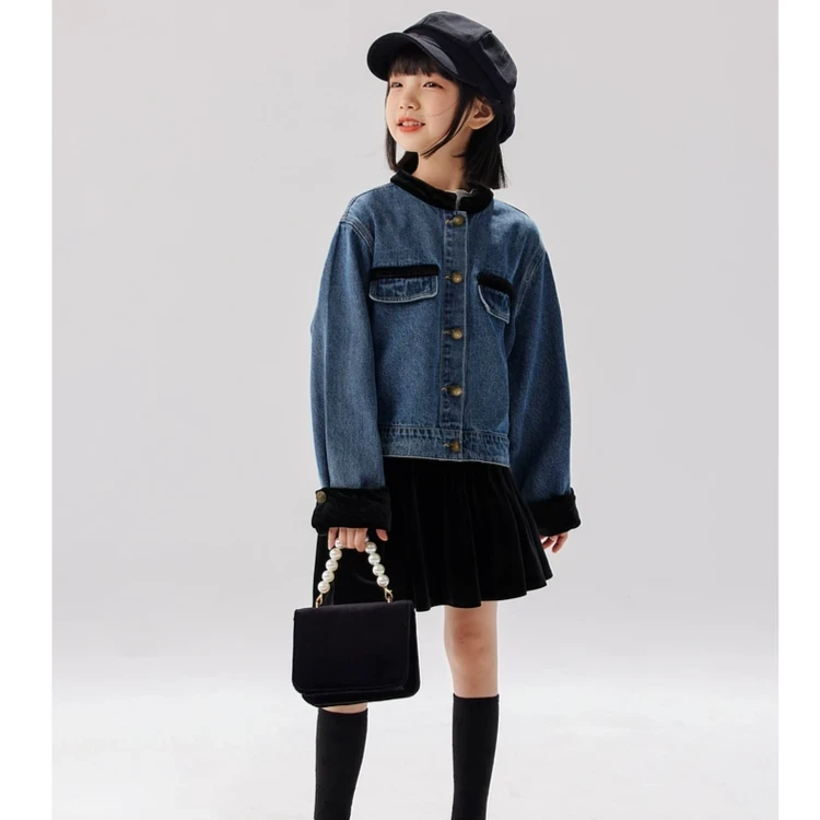 植木童装拼丝绒水洗牛仔女童外套中大童2023秋装新款百搭儿童外套