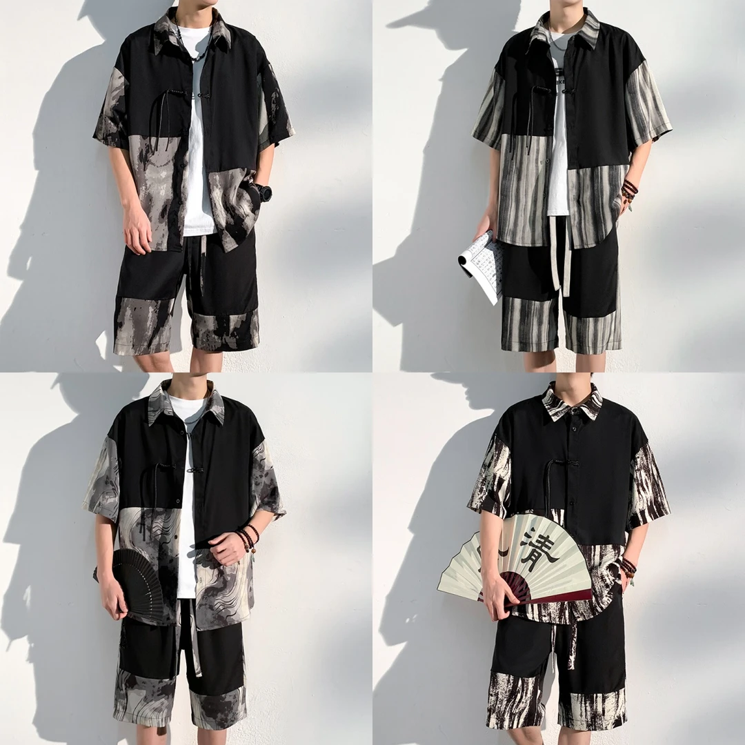 两件套夏季新款中式国风盘扣水墨拼接短袖衬衫短裤男士百搭套装