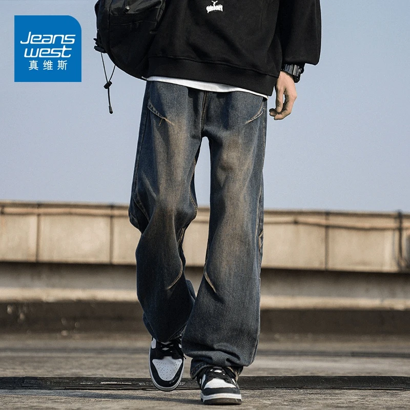 Jeanswest/真维斯美式高街复古牛仔裤男士春秋季宽松休闲阔腿长裤