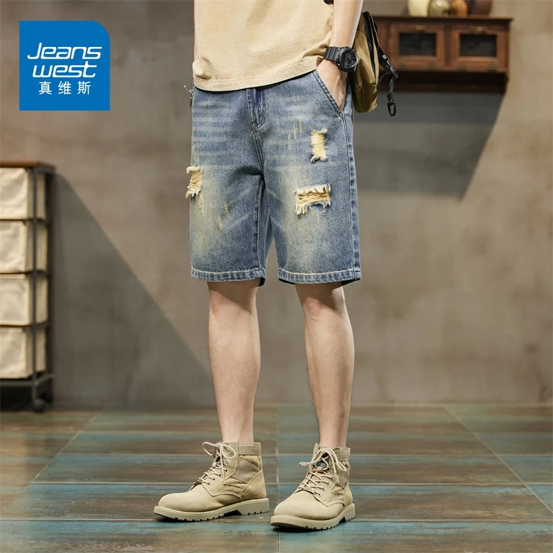 真维斯夏季美式破洞牛仔短裤男宽松百搭新薄款潮牌五分中裤子男款