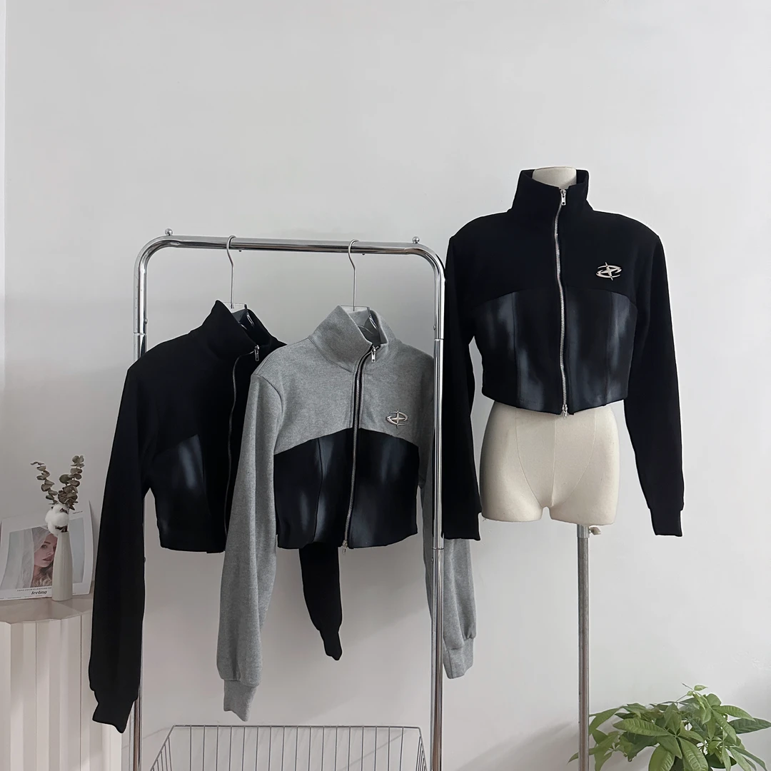 辣妹运动短款长袖卫衣外套2023年秋季新款拉链颜色拼接小外套上衣