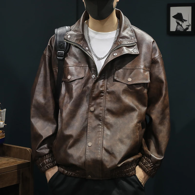2025新款秋冬机车PU皮夹克男日系复古外套冬季宽松大码男士皮衣