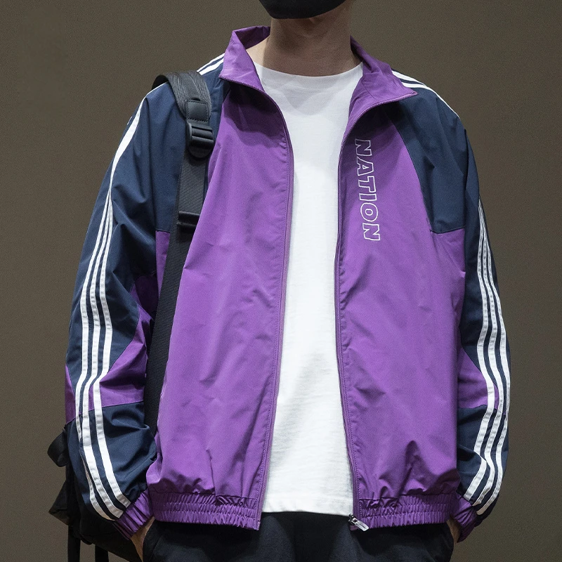 2025新款秋季夹克男宽松日系复古紫色男士运动防风薄款大码外套男
