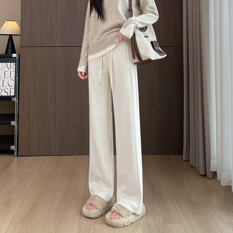 醋酸绵羊毛裤女阔腿裤2024冬季显高显瘦窄版直筒裤梧桐裤拖地长裤