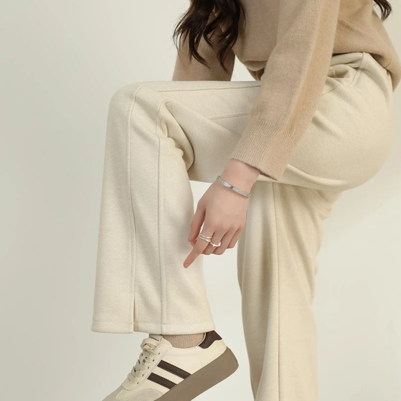 人字纹醋酸绵羊毛裤女阔腿裤显高显瘦冬季直筒裤休闲脚口开叉长裤