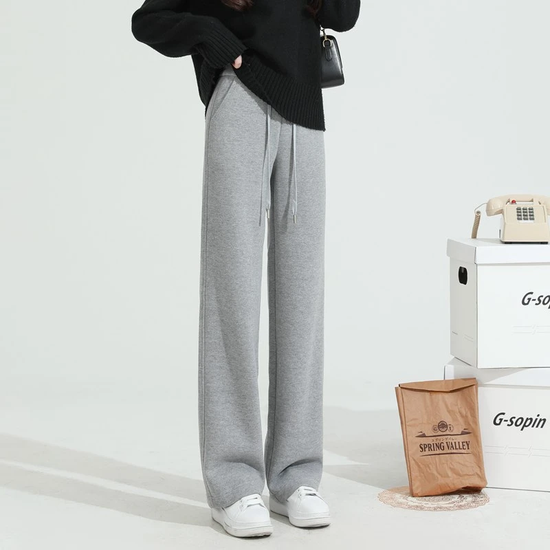 冬季加绒加厚绵羊毛裤女窄版直筒裤女显高显瘦休闲裤小阔腿裤长裤